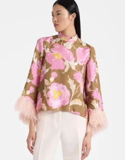 Make An Exit TopSylph Khaki in Silk Twill With Feathers