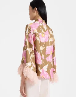 Make An Exit TopSylph Khaki in Silk Twill With Feathers