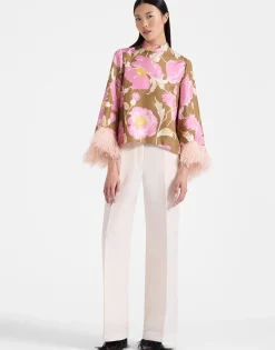 Make An Exit TopSylph Khaki in Silk Twill With Feathers