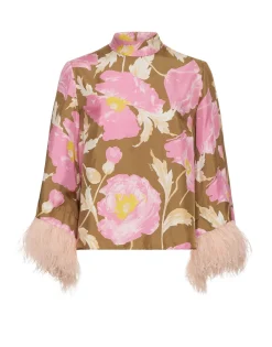 Make An Exit TopSylph Khaki in Silk Twill With Feathers