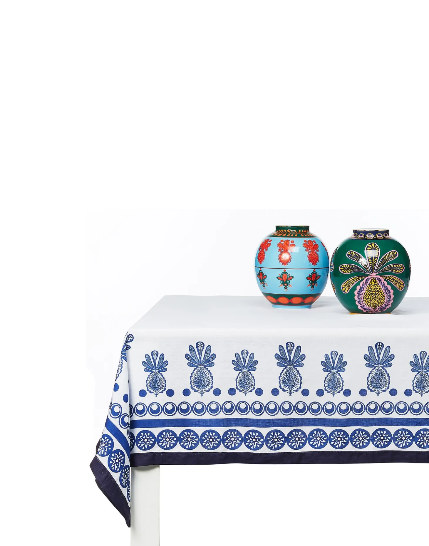 Medium TableclothBig Pineapple Blu (Placée) in Linen