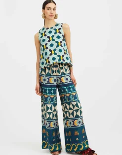 Palazzo PantsCasareale Plac&egrave;e Emerald in Silk Twill