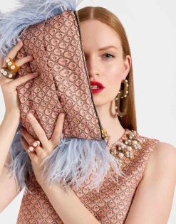 Party PochetteTulip Pale Pink in Jacquard With Feathers