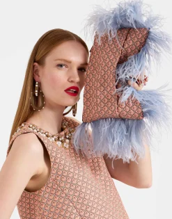 Party PochetteTulip Pale Pink in Jacquard With Feathers