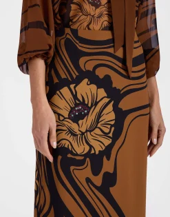 Pencil SkirtBig Blooms Placée Brown in Envers Satin