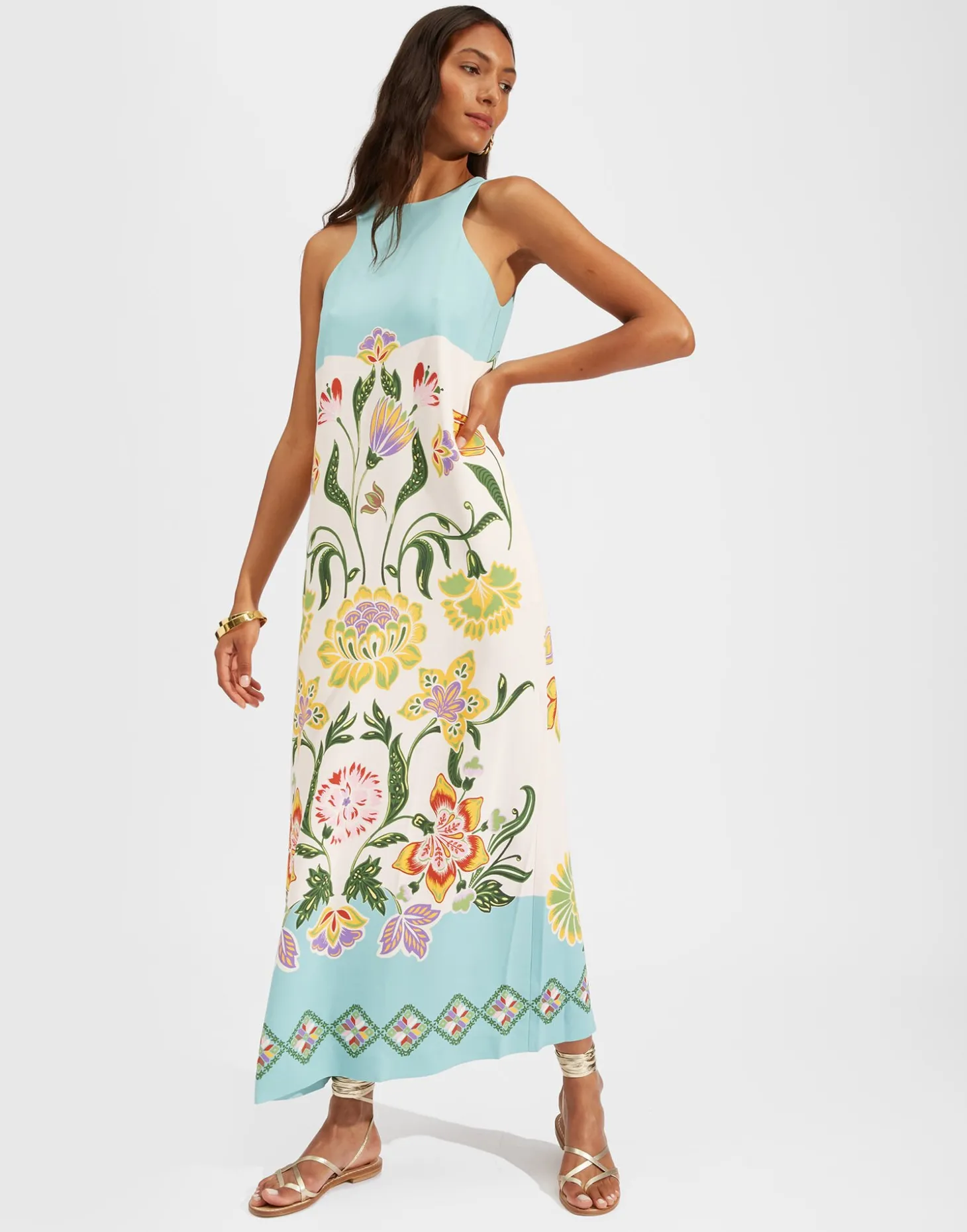 Racer DressFolk Flowers Azzurro Placée in Viscose Jersey