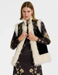 Sleeveless Folk JacketSolid Black in Cotton Velvet Embroidered