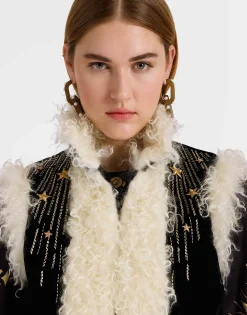 Sleeveless Folk JacketSolid Black in Cotton Velvet Embroidered