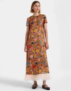 Swing DressBotticelli Rust in Silk Twill With Feathers