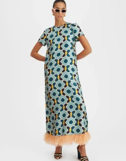 Swing DressPlaza Light Blue in Silk Twill With Feathers