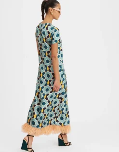 Swing DressPlaza Light Blue in Silk Twill With Feathers