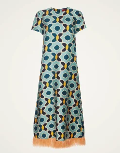 Swing DressPlaza Light Blue in Silk Twill With Feathers