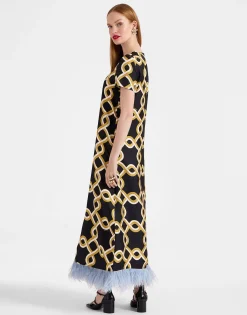 Swing DressTackle Black in Silk Twill With Feathers