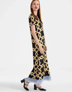 Swing DressTackle Black in Silk Twill With Feathers