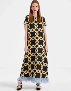 Swing DressTackle Black in Silk Twill With Feathers