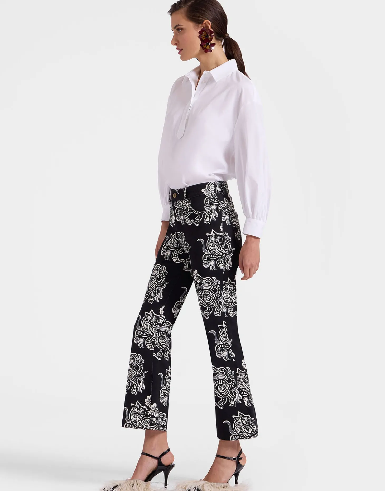 The Cropped Flare JeanCrazy Tigers Black & White in Cotton Drill