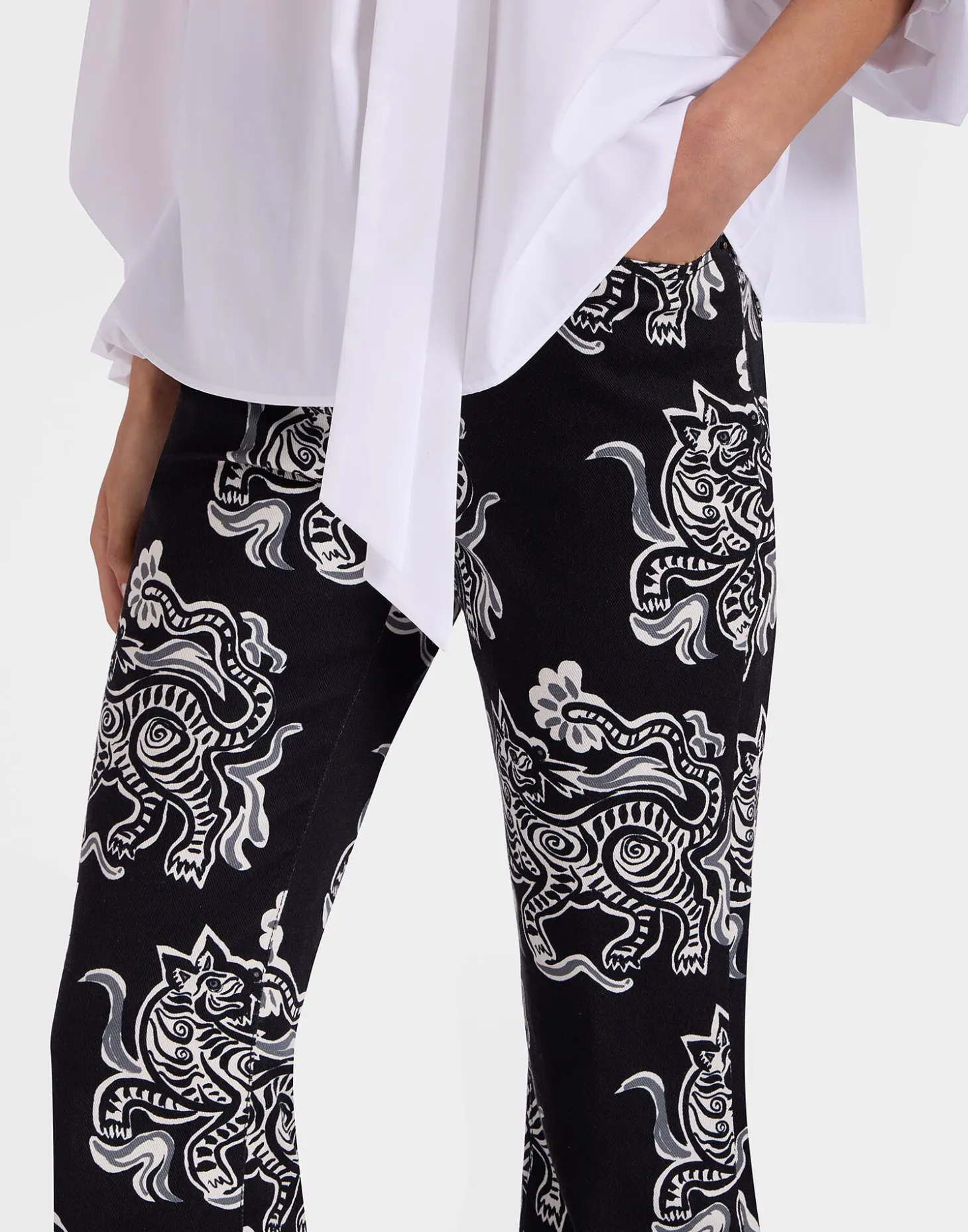 The Cropped Flare JeanCrazy Tigers Black & White in Cotton Drill