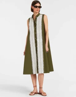 Tootsie DressSolid Camouflage in Crisp Poplin With Lacey Ribbons