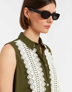 Tootsie DressSolid Camouflage in Crisp Poplin With Lacey Ribbons