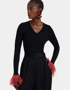 V-Neck High Kick TopSolid Black in Ribbed Silk Cashmere With Feathers