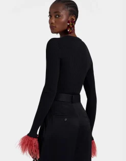 V-Neck High Kick TopSolid Black in Ribbed Silk Cashmere With Feathers