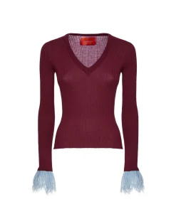 V-Neck High Kick TopSolid Burgandy in Ribbed Silk Cashmere With Feathers