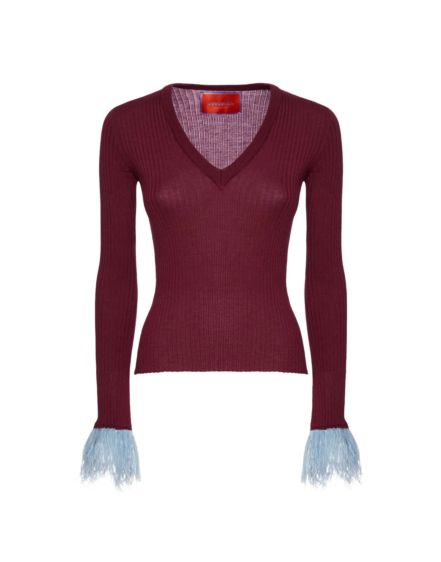 V-Neck High Kick TopSolid Burgandy in Ribbed Silk Cashmere With Feathers