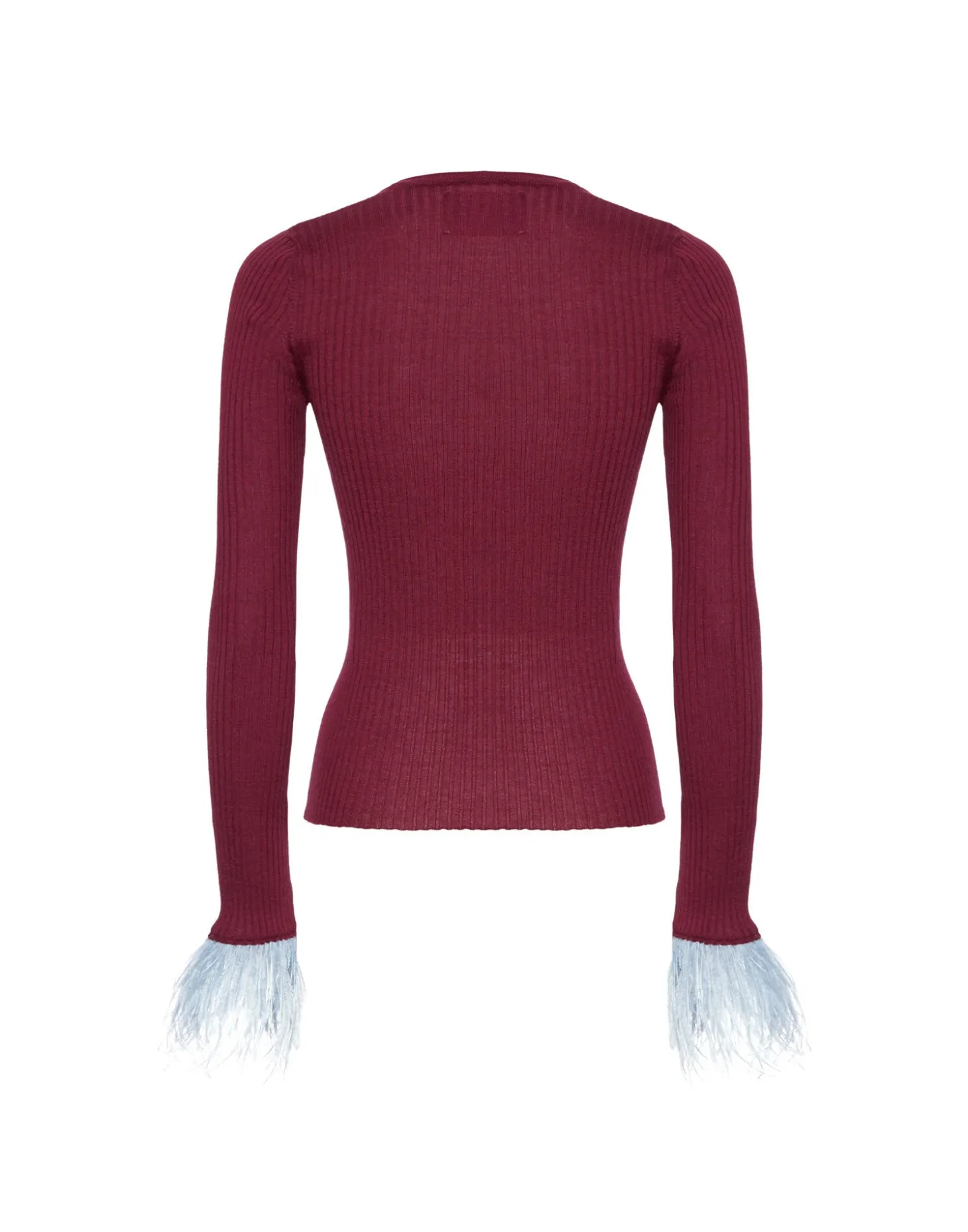 V-Neck High Kick TopSolid Burgandy in Ribbed Silk Cashmere With Feathers